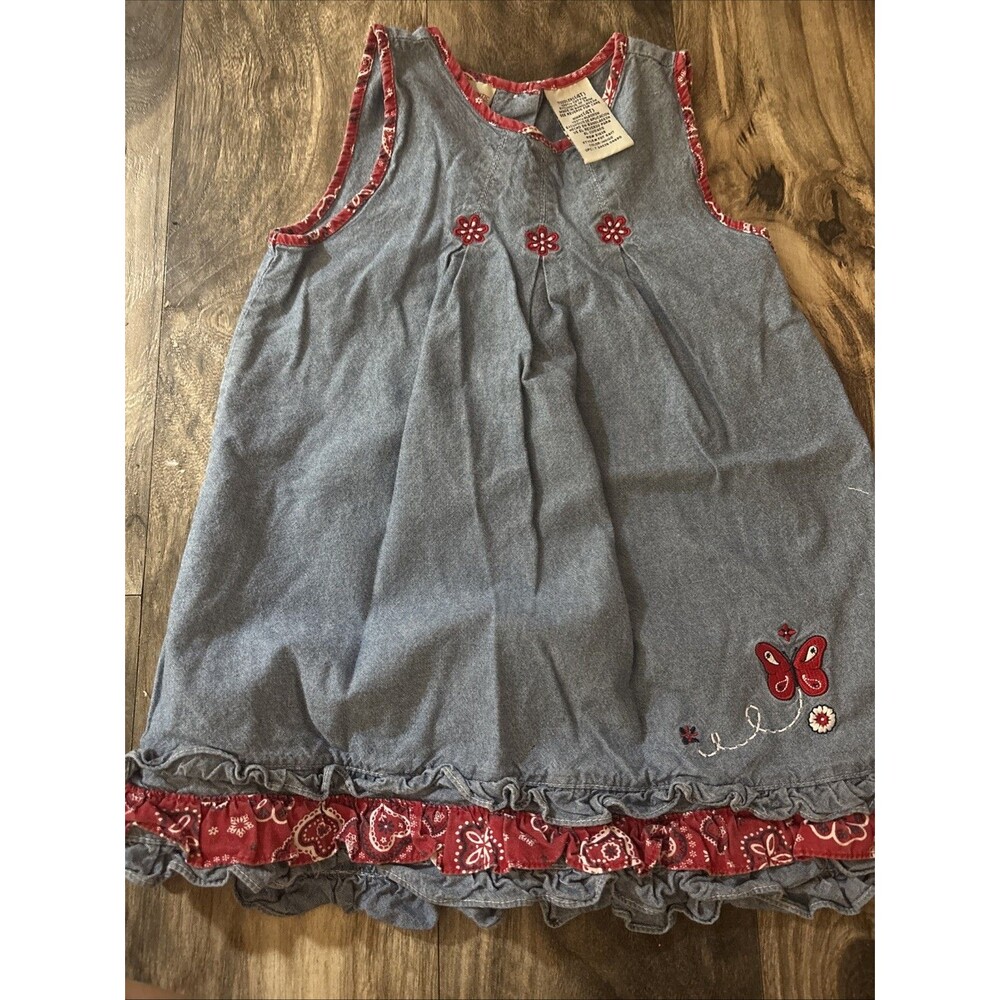 Faded Glory Jean Kids Dress Sz 4t Denim Red Trim With Flowers And Butterfly